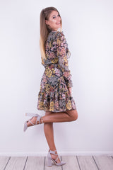 TRANSPARENTNA SUKIENKA Z FALBANĄ W JESIENNE KWIATY