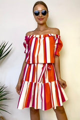 Sukienka w pasy koral & fuksja