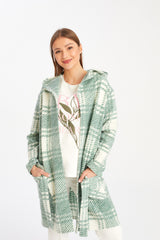 MIĘTOWY PŁASZCZ W KRATKĘ Z KAPTUREM