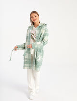 MIĘTOWY PŁASZCZ W KRATKĘ Z KAPTUREM