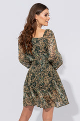 Szmaragdowo-musztardowa sukienka w kwiaty