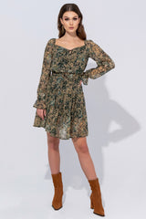 Szmaragdowo-musztardowa sukienka w kwiaty