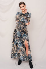 DŁUGA SUKIENKA W BŁĘKITNO-BEŻOWE KWIATY