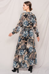 DŁUGA SUKIENKA W BŁĘKITNO-BEŻOWE KWIATY