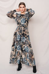 DŁUGA SUKIENKA W BŁĘKITNO-BEŻOWE KWIATY