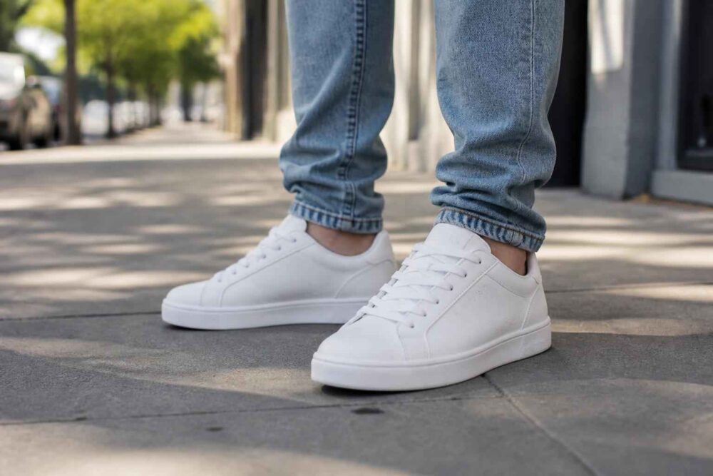 Białe sneakersy na nogach w jasnych jeansach stojących na miejskim chodniku