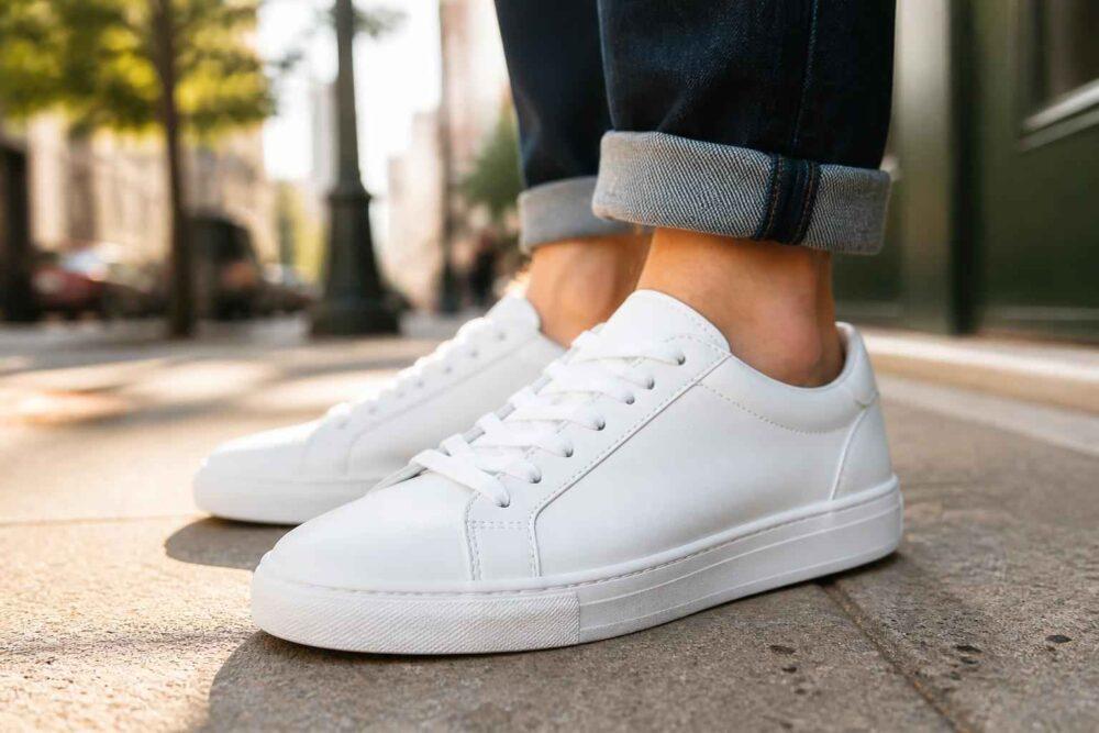 Białe sneakersy noszone do podwiniętych jeansów na miejskim chodniku