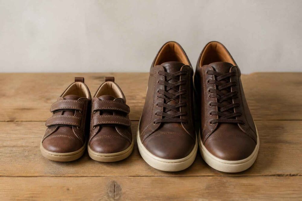 Brązowe sneakersy dziecięce i męskie Dwie pary brązowych sneakersów, dziecięce i męskie, ustawione na drewnianym stole