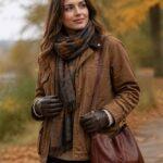 Kobieta w brązowej kurtce i szaliku spaceruje jesienią nad rzeką
