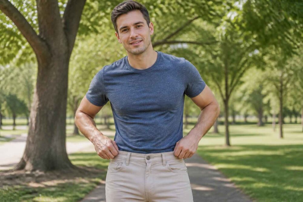 Mężczyzna poprawiający spodnie w parku Uśmiechnięty mężczyzna poprawia spodnie na parkowej alejce w słoneczny dzień