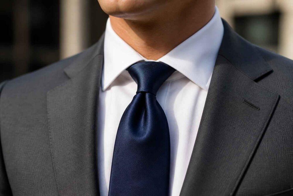Mężczyzna w eleganckim garniturze, białej koszuli i granatowym krawacie
