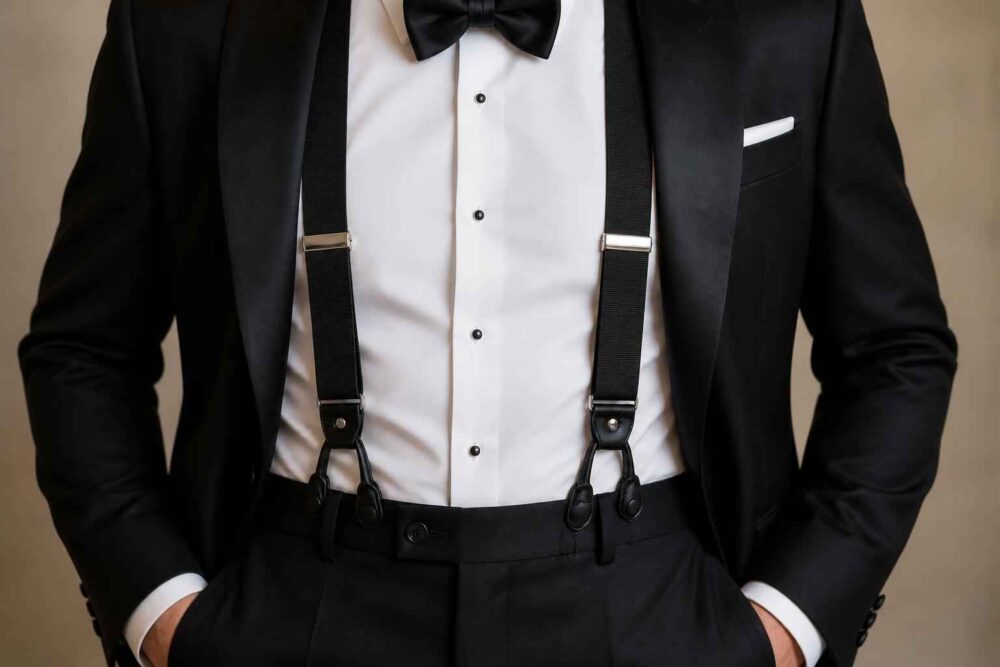 Mężczyzna w smokingu z muszką i szelkami Mężczyzna w czarnym smokingu, białej koszuli, muszce i eleganckich szelkach