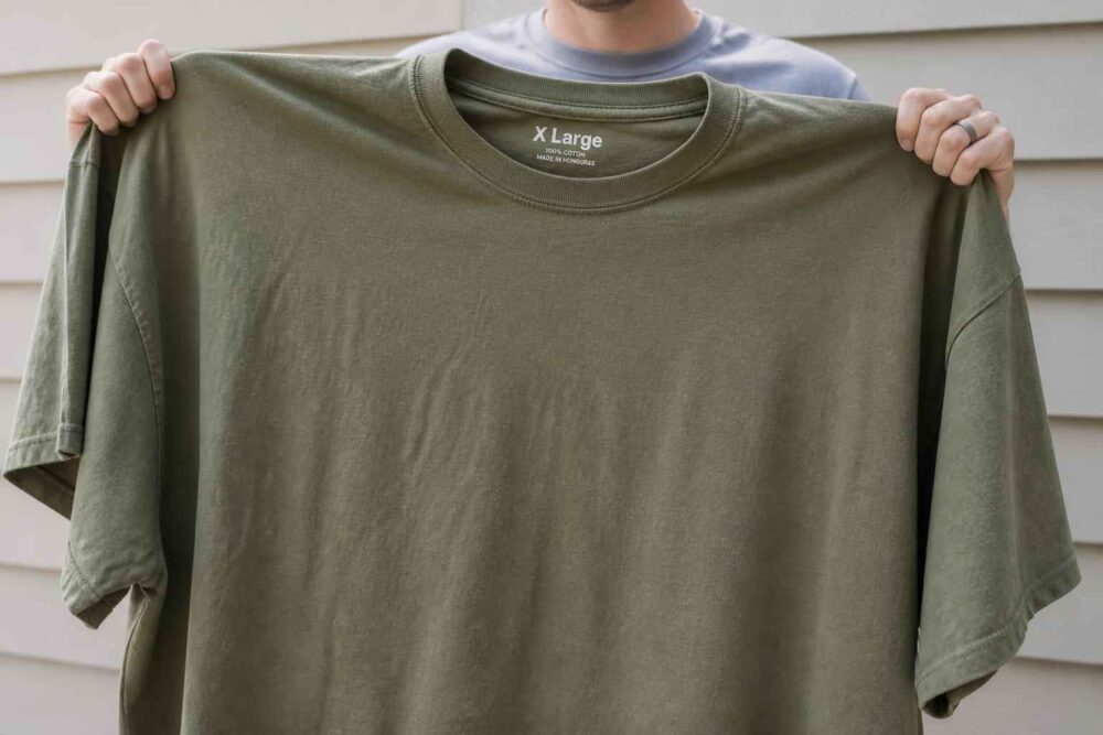 Osoba trzymająca rozłożony oliwkowy T-shirt z krótkim rękawem grasray