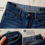 Zbliżenie jeansów z regulowaną gumką w pasie i instrukcją dopasowania obwodu,Moda