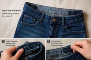 Zbliżenie jeansów z regulowaną gumką w pasie i instrukcją dopasowania obwodu,Moda