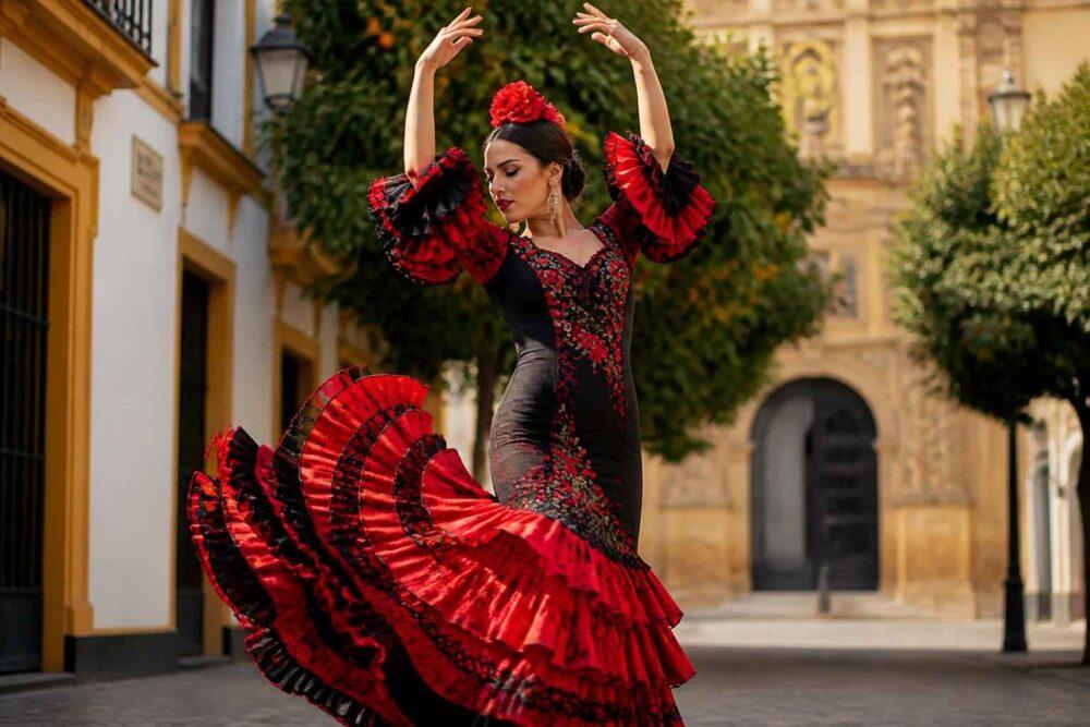 Tancerka flamenco w czerwono-czarnej sukni pozuje przed zabytkowym budynkiem w Sewilli